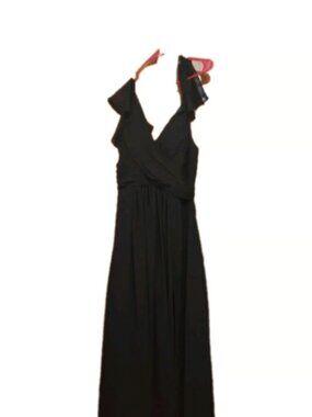Black Chiffon V Neck Ruched Wrap Bodice High Slit Black Formal Dress Sz 10